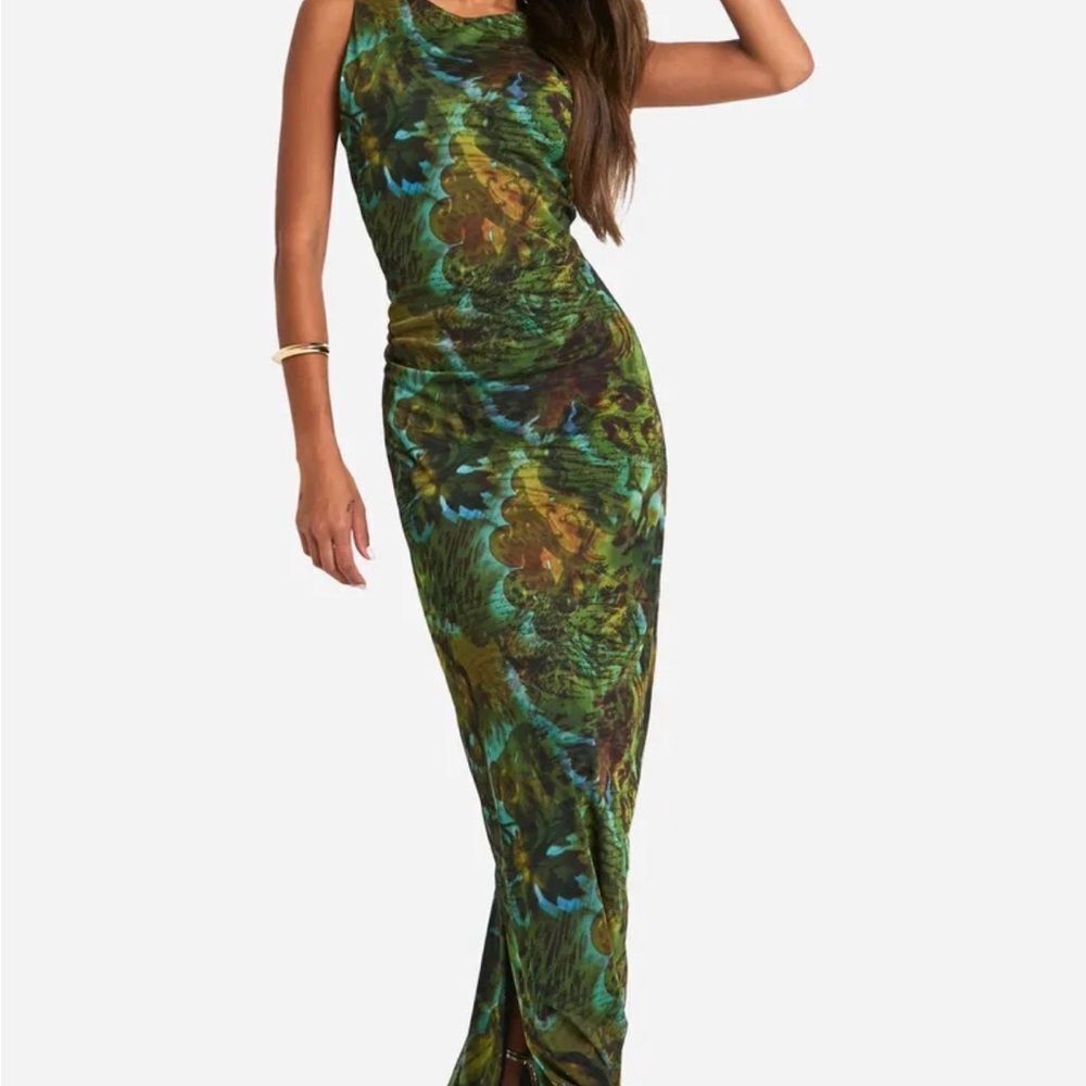 Boohoo Script Print Mesh Racer Neck Maxi Dress